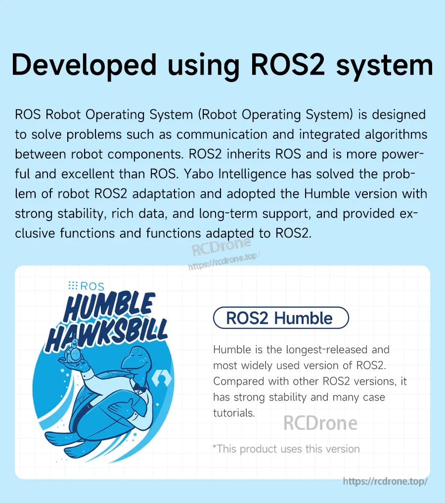Graphic stating “Developed using ROS2 system” with ROS2 Humble Hawksbill logo and brief product text.