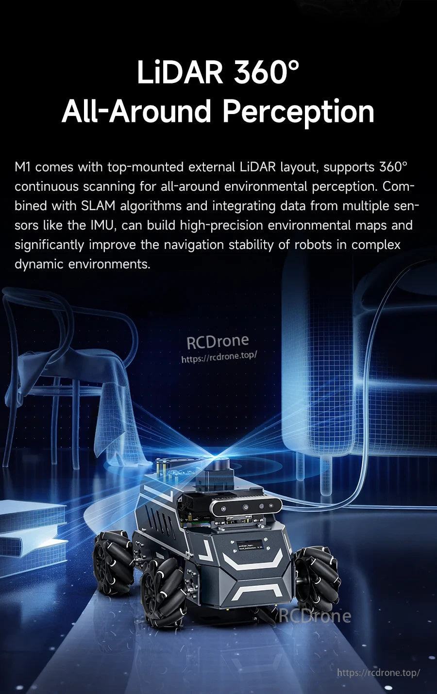 Yahboom ROSMASTER M1 ROS2 robot with top-mounted LiDAR sensor for 360° all-around perception