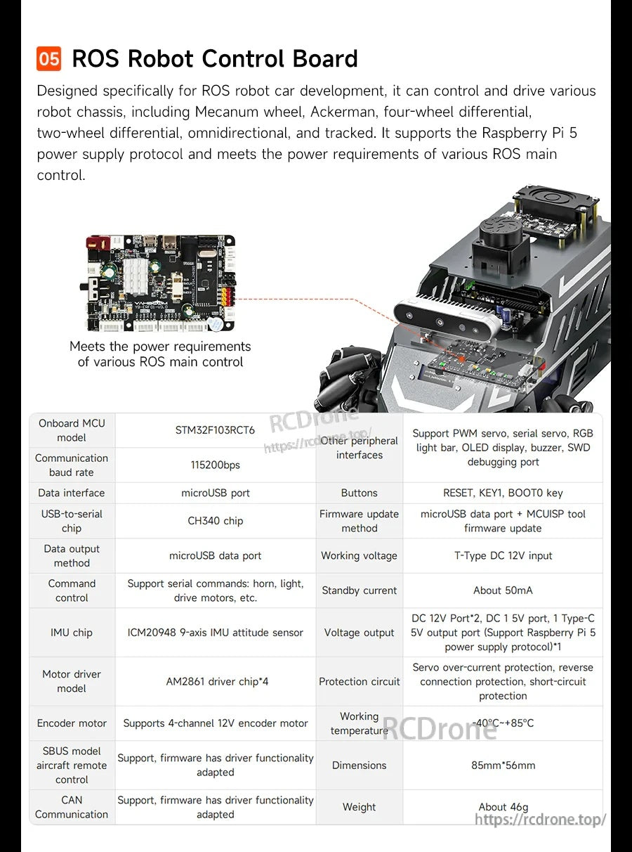 ROS robot control board spec sheet with ports, Type‑C DC 12V input, and 85×56 mm board dimensions