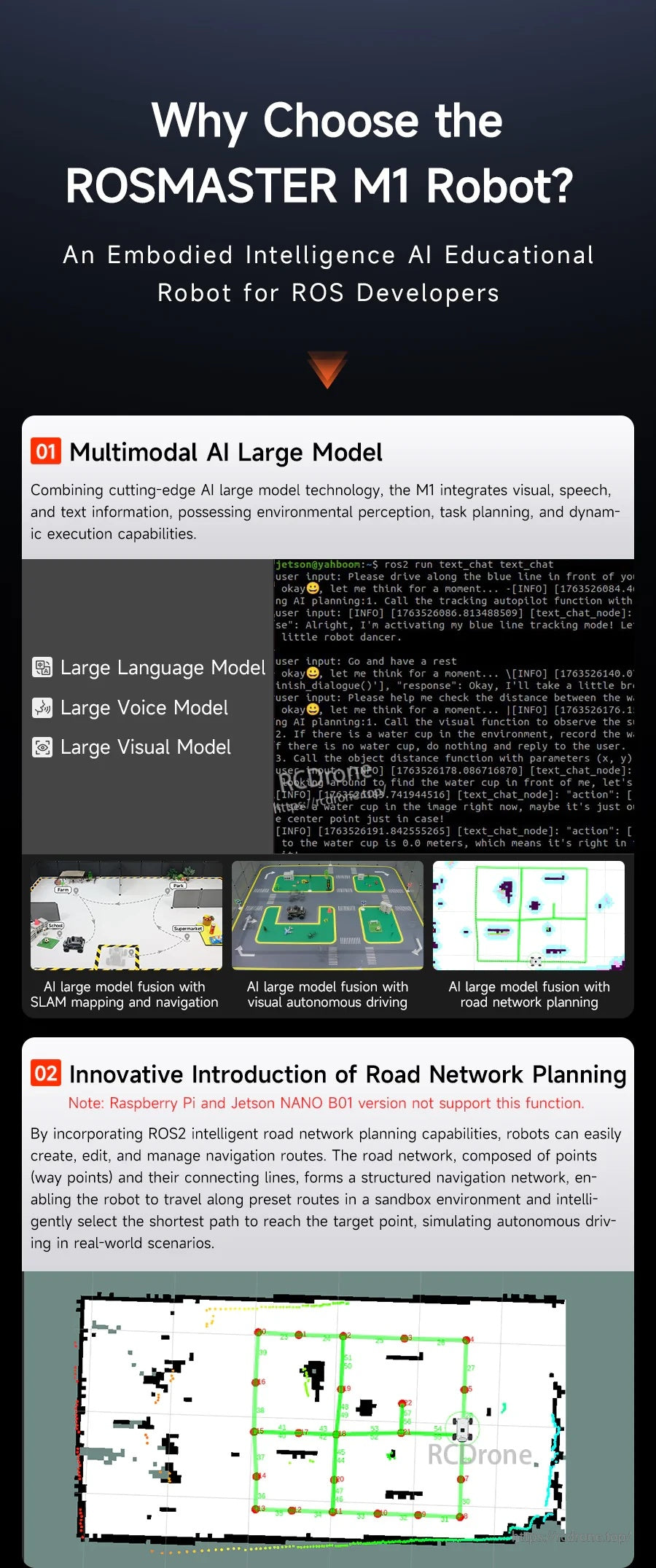 ROSMASTER M1 educational ROS robot benefits poster covering multimodal AI, navigation, and code resources