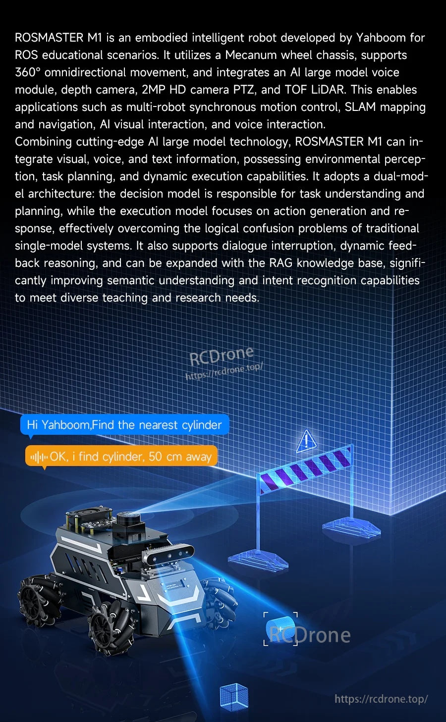 ROSMASTER M1 ROS2 embodied-intelligence robot overview with SLAM, vision recognition, and voice interaction notes