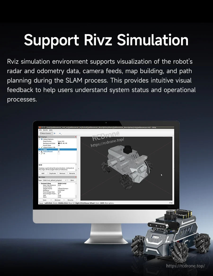 Yahboom ROSMASTER M1 ROS2 robot with RViz simulation screen showing 3D model visualization and sensor data tools