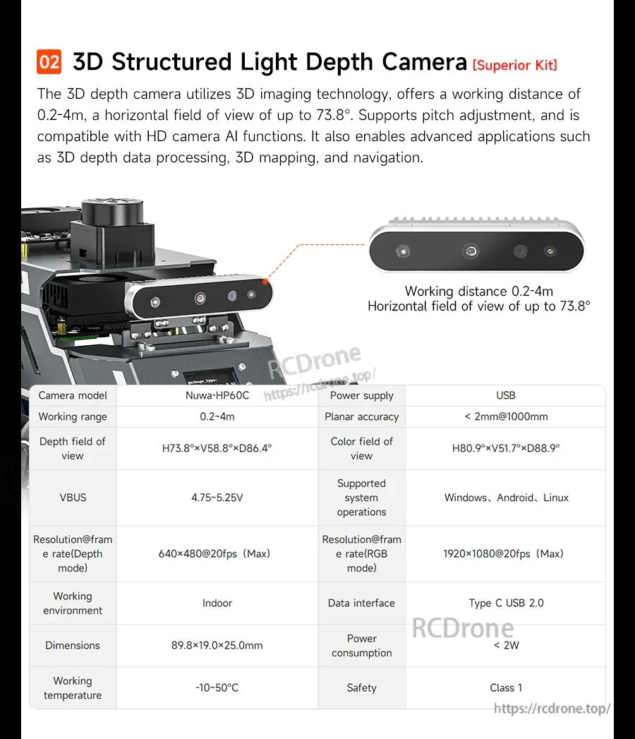 3D structured light depth camera superior kit with USB Type‑C, 0.2–4 m range and 73.8° horizontal FOV