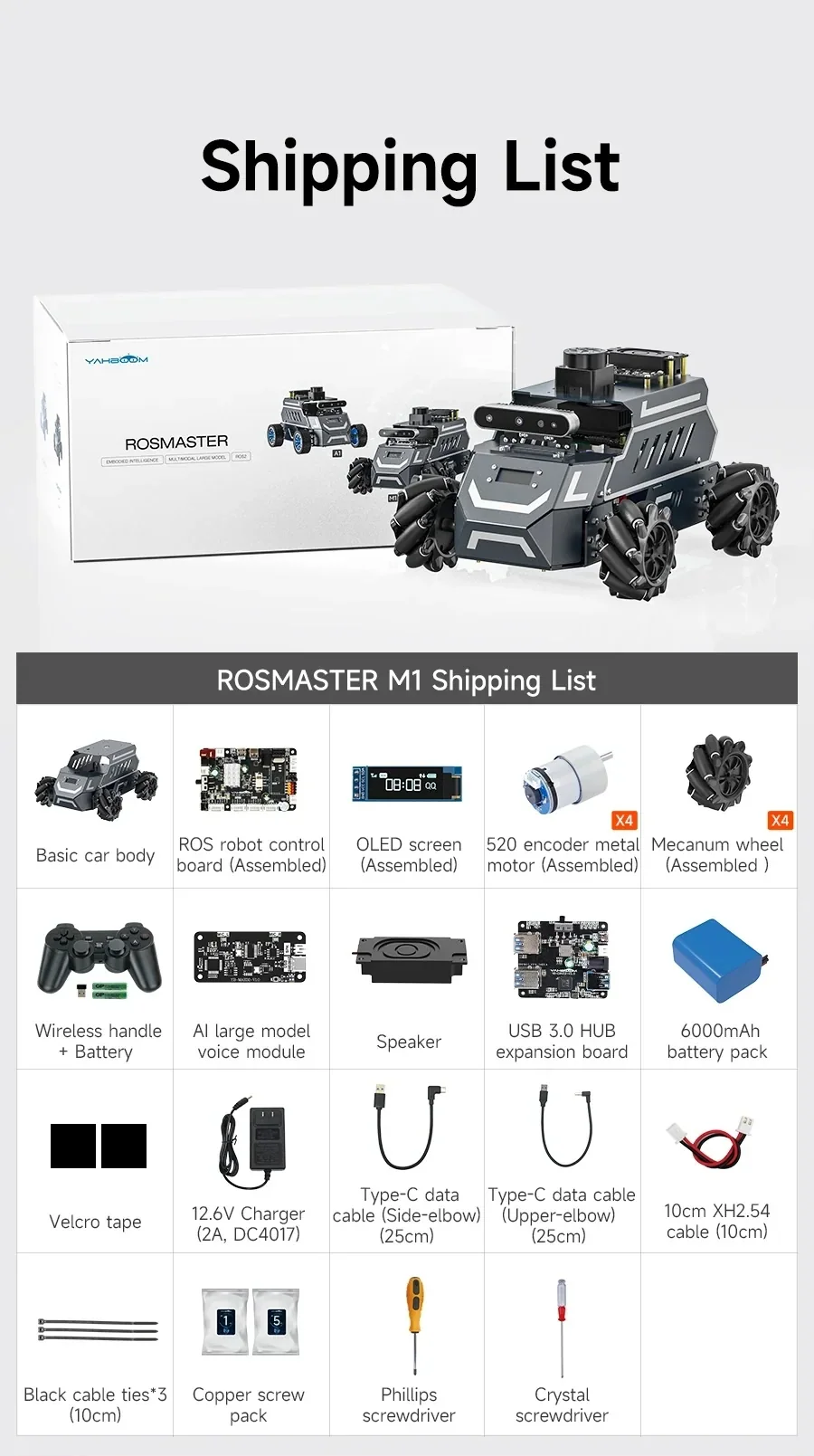 Yahboom ROSMASTER M1 ROS2 robot shipping list with chassis, control board, OLED, motors, wheels, battery, and cables