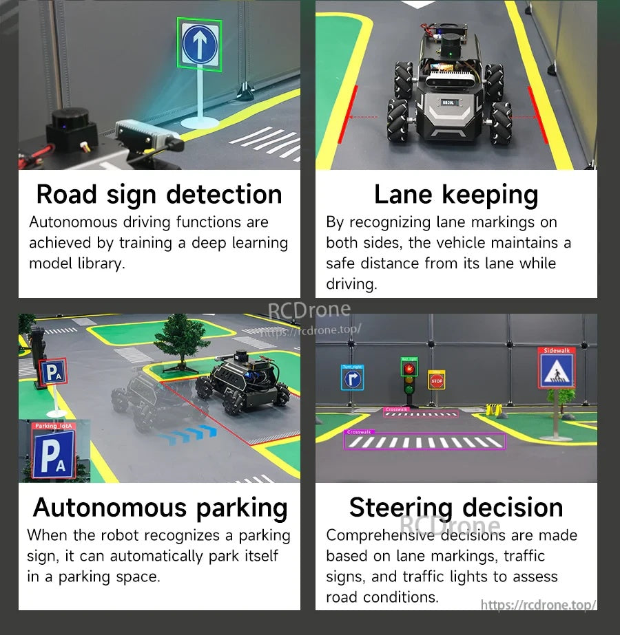 Yahboom ROSMASTER M1 robot car feature graphic showing road sign detection, lane keeping, autonomous parking, and steering decision