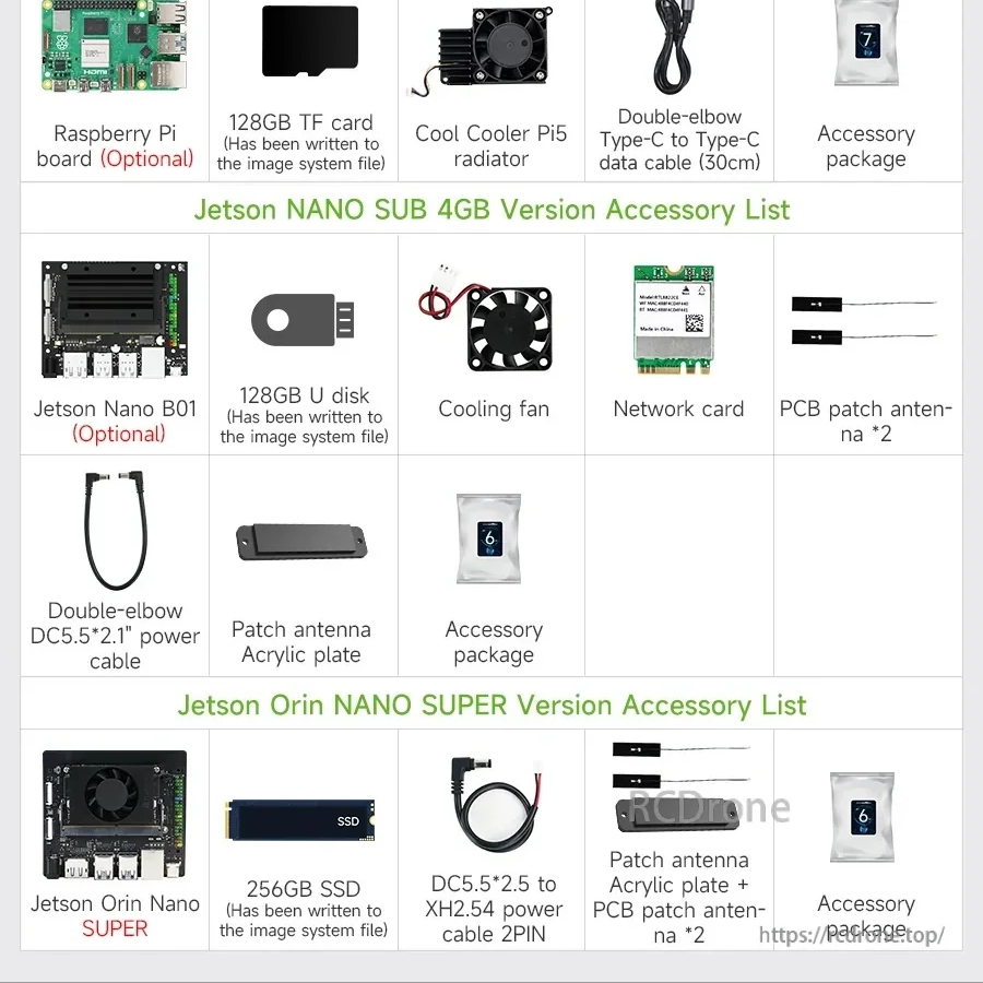 Accessory list for Yahboom ROSMASTER M1 ROS2 robot kit, showing optional Jetson/Raspberry Pi boards, cables, cooling, and storage.