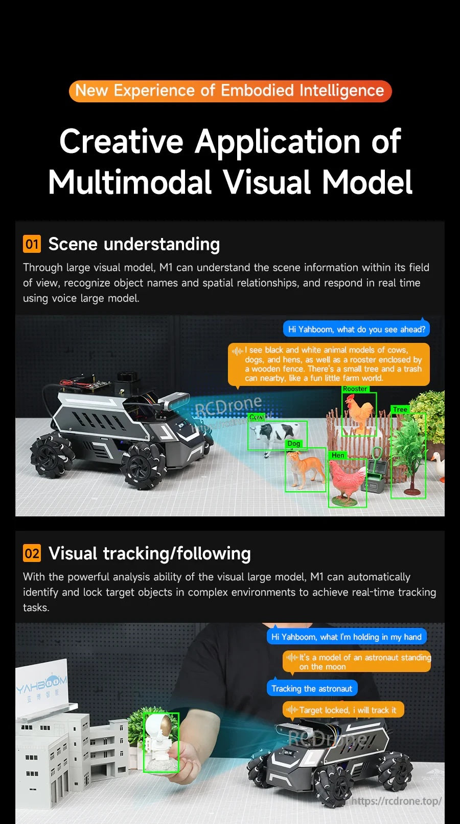 Multimodal visual model demos: scene understanding and visual tracking/following with ROSMASTER M1 robot car