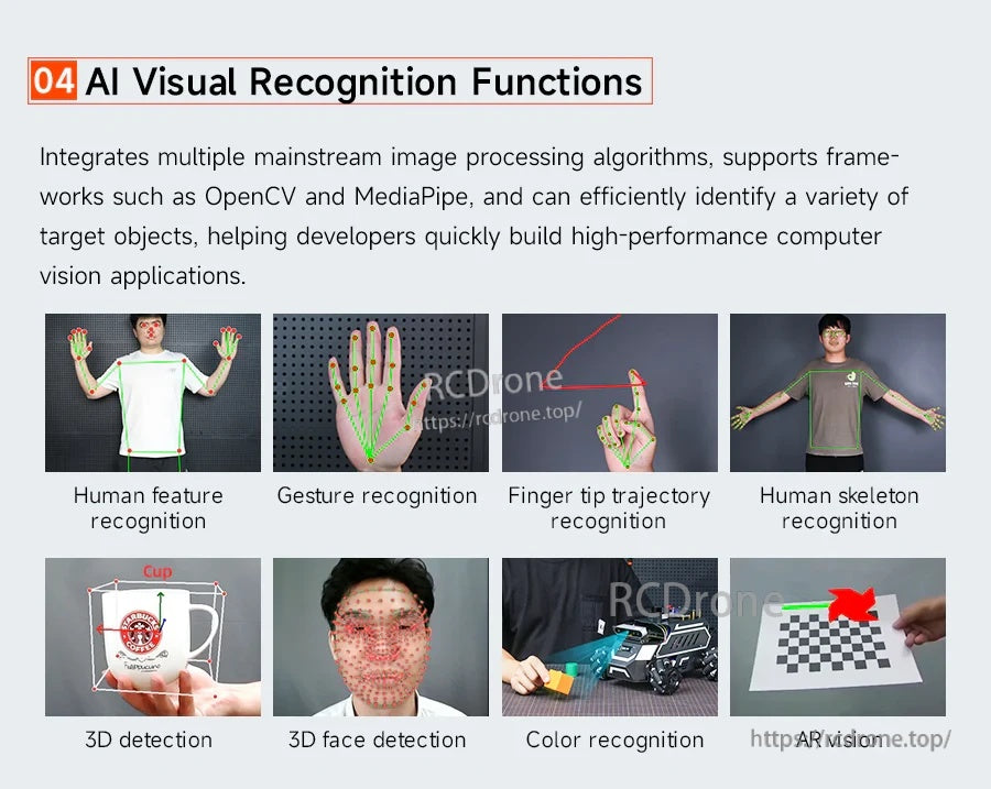 AI visual recognition functions for Yahboom ROSMASTER M1, listing OpenCV/MediaPipe features like gesture and color detection