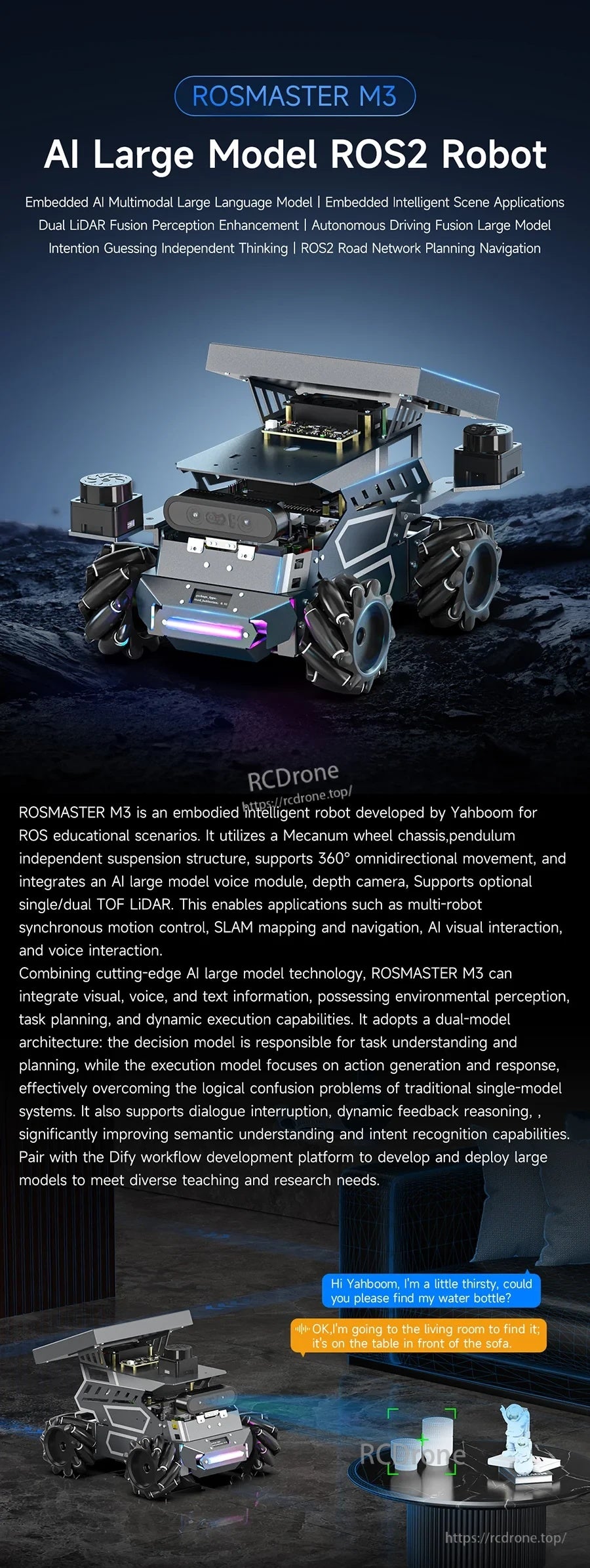 Yahboom ROSMASTER M3 ROS2 AI large model robot car with mecanum wheels, depth camera and LiDAR mounts