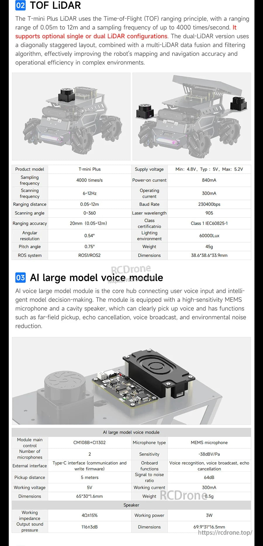TOF LiDAR and AI voice module details showing ranging specs and the embedded microphone/speaker board