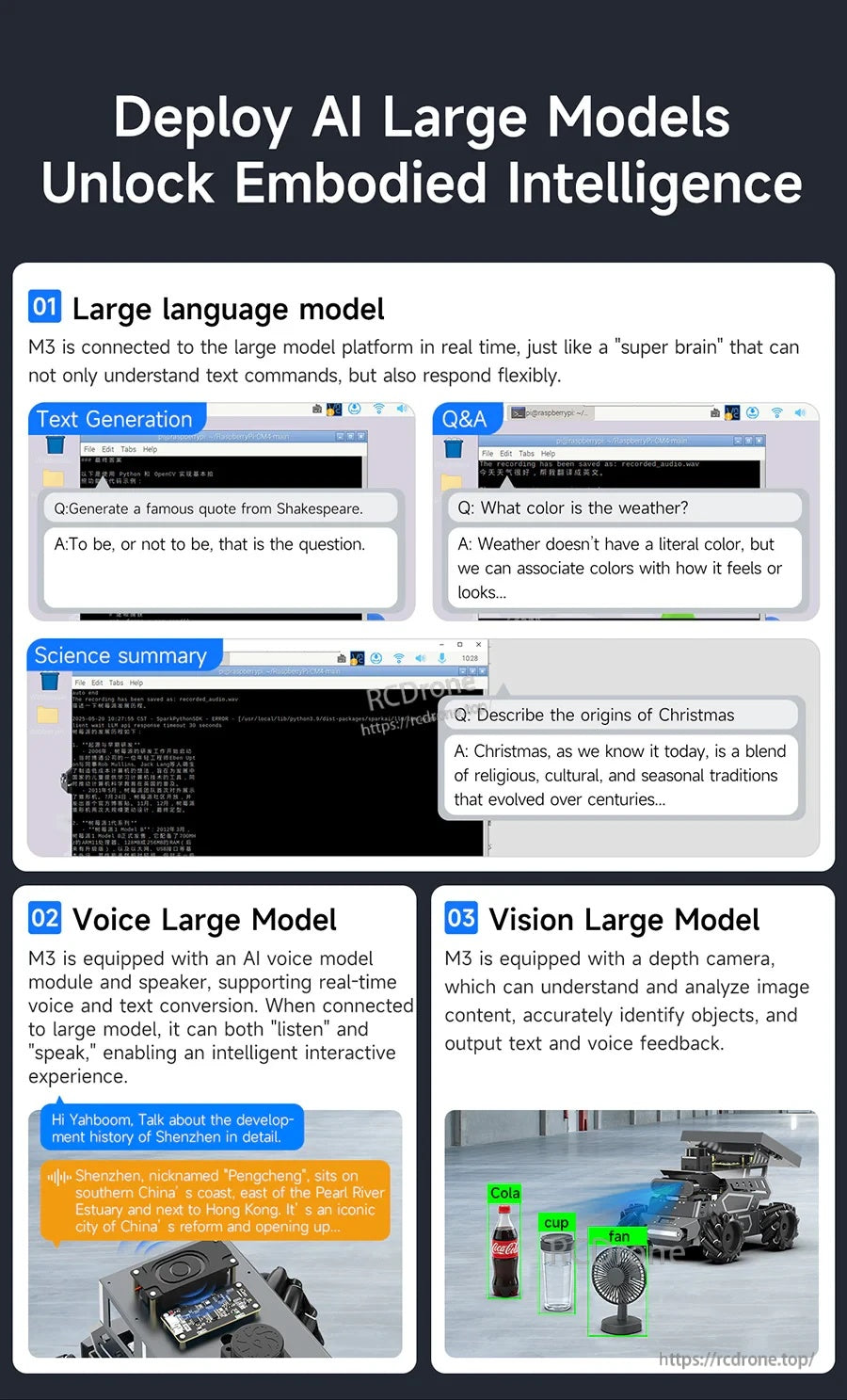 AI model deployment graphic for ROSMASTER M3: text Q&A, voice dialogue, and vision model recognition examples