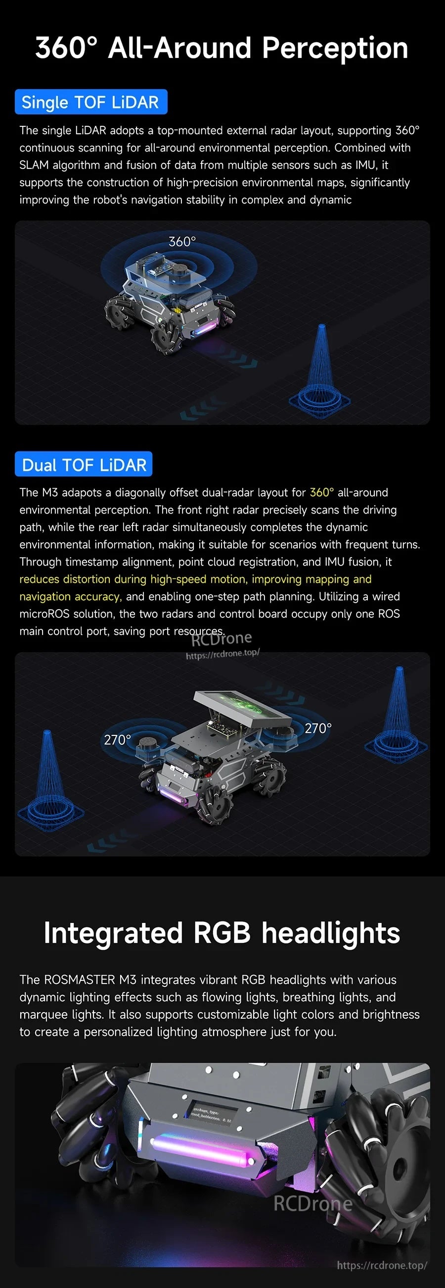 360-degree perception graphic showing single vs dual TOF LiDAR options and integrated RGB headlights on the robot