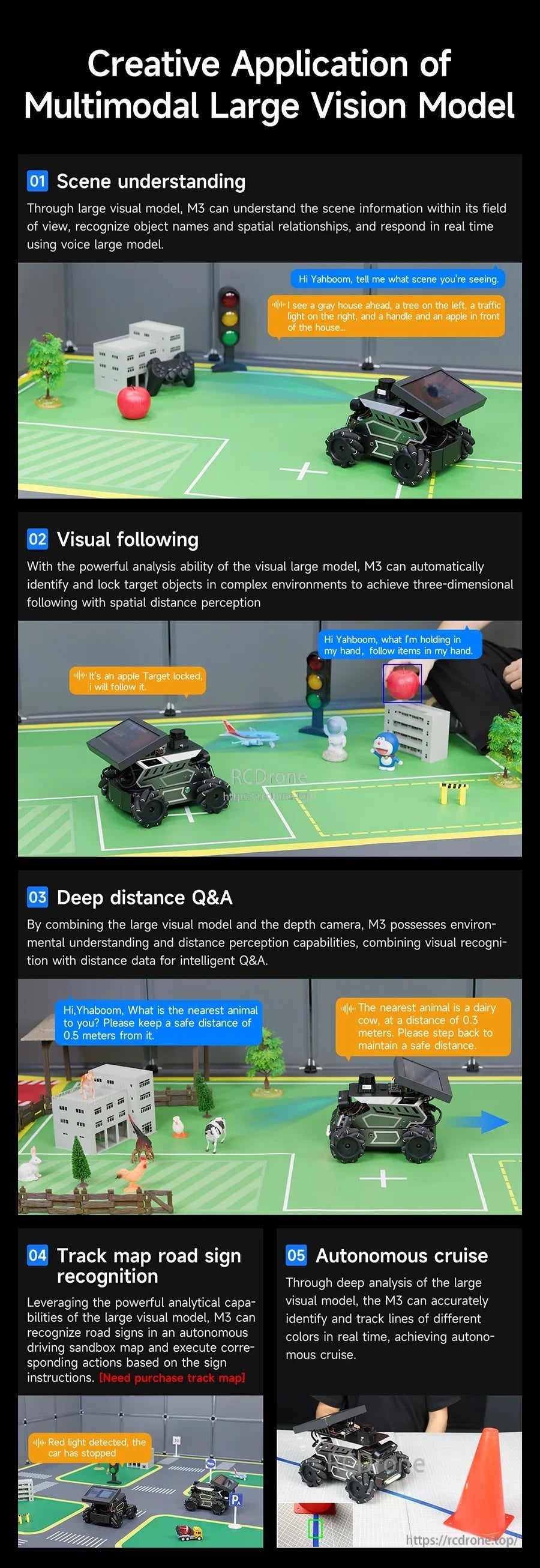 Multimodal vision application examples: scene understanding, visual following, Q&A with depth, and road sign recognition