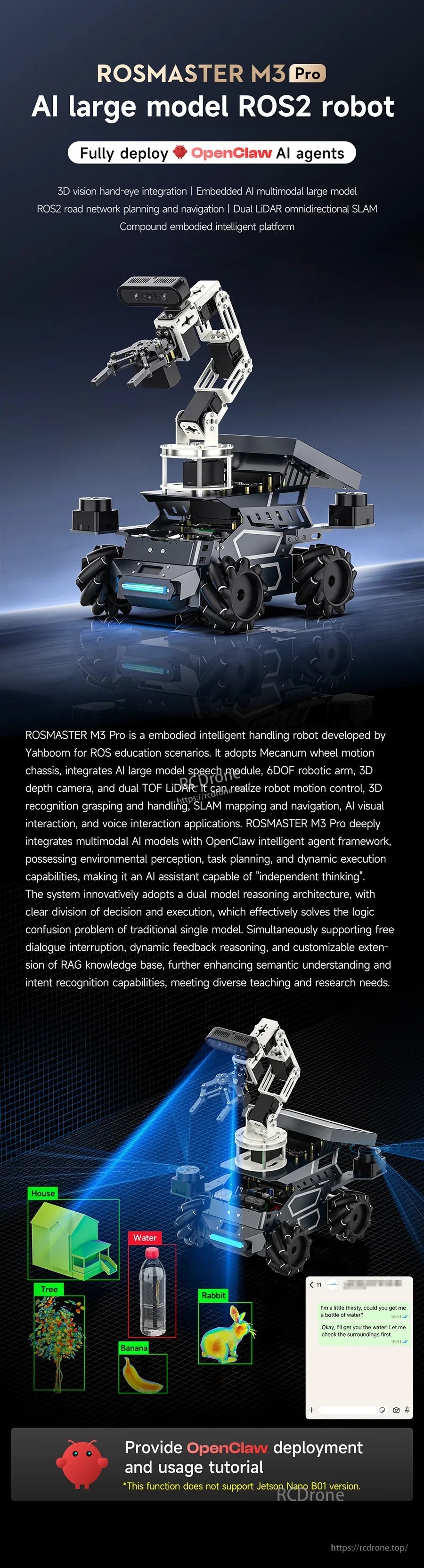 Yahboom ROSMASTER M3 Pro ROS2 robot with 6DOF arm on mecanum-wheel chassis for AI teaching