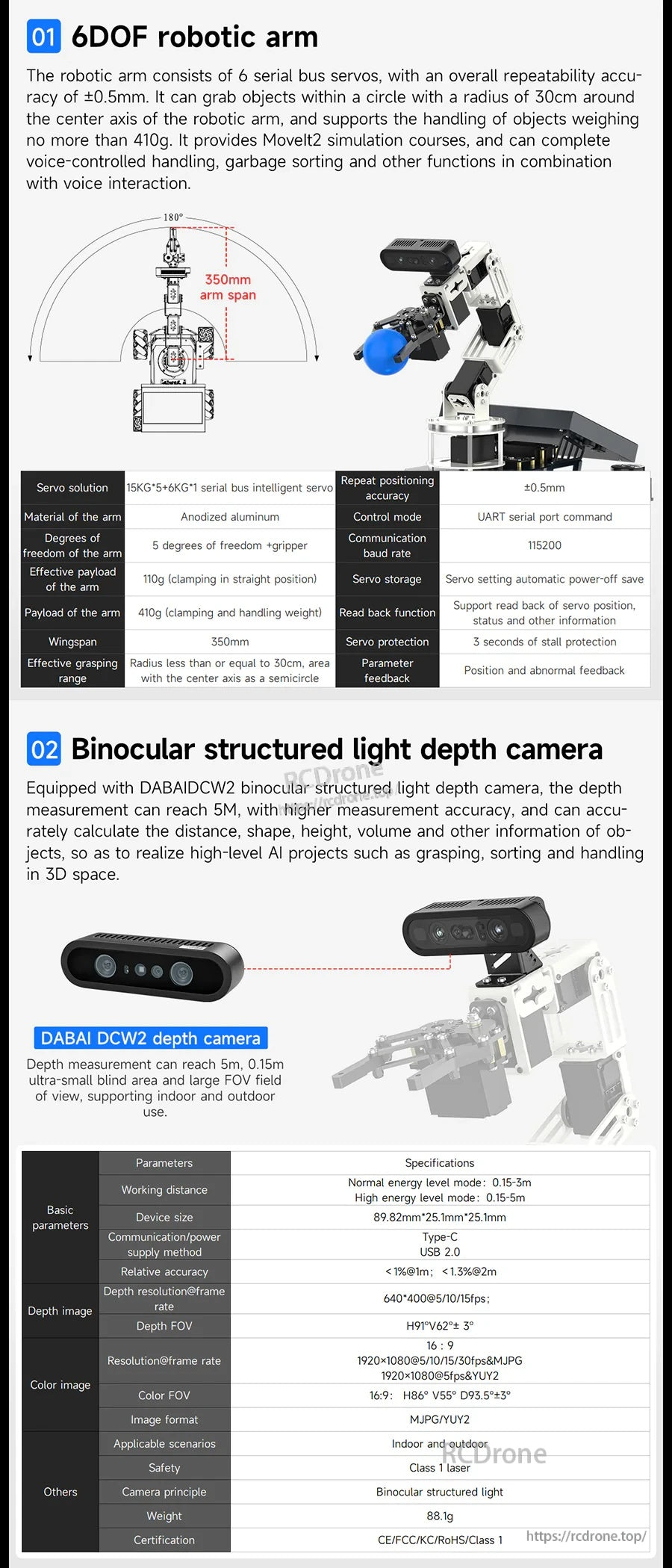 Yahboom ROSMASTER M3 Pro ROS2 robot overview sheet with 6DOF robotic arm and binocular structured light depth camera