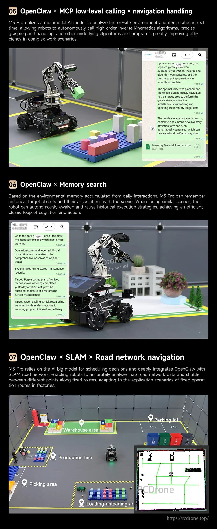 OpenClaw examples: MCP low-level calling, memory search, and SLAM road-network navigation screens