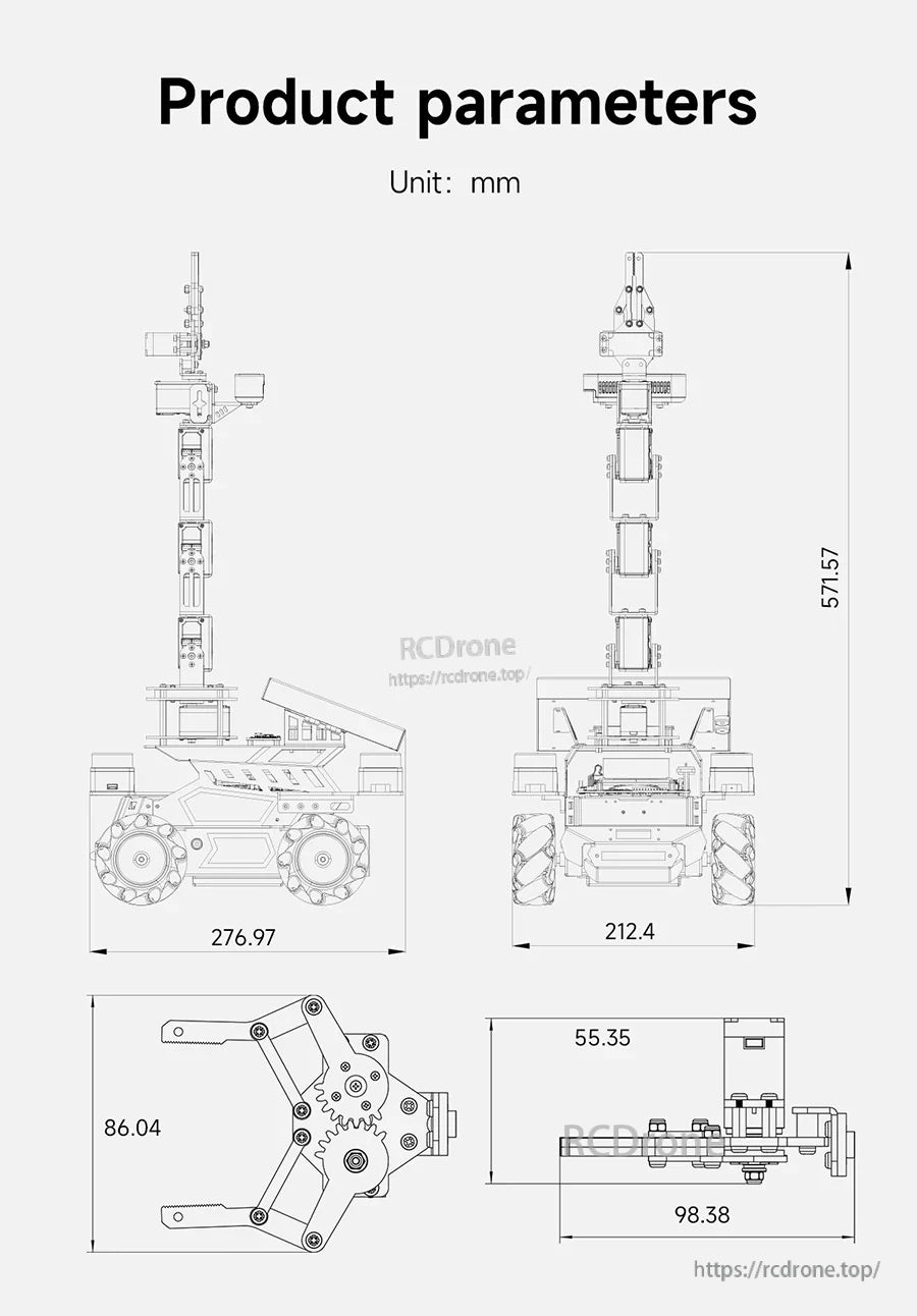 Dimension diagram for Yahboom ROSMASTER M3 Pro ROS2 robot showing side, front, and top views with measurements in mm.
