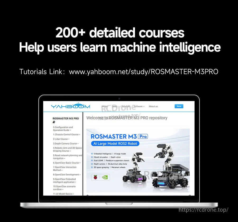 Laptop screen showing Yahboom ROSMASTER M3 Pro ROS2 robot tutorial repository and course list