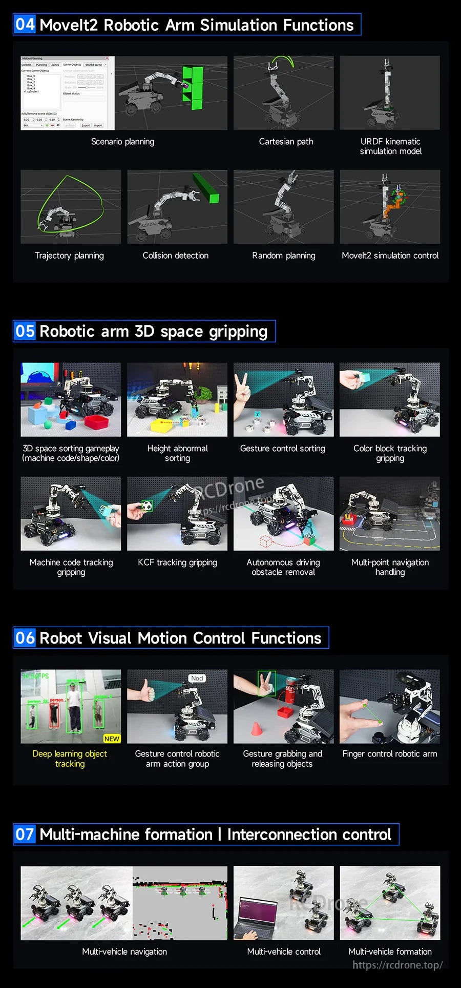 MoveIt2 robotic arm simulation and visual motion control functions plus multi-robot interconnection examples