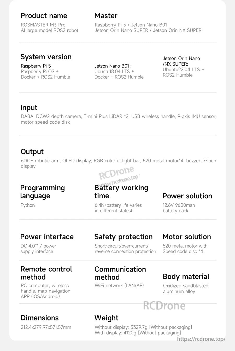 Yahboom ROSMASTER M3 Pro ROS2 robot master controller spec sheet with Raspberry Pi 5 and Jetson Orin options