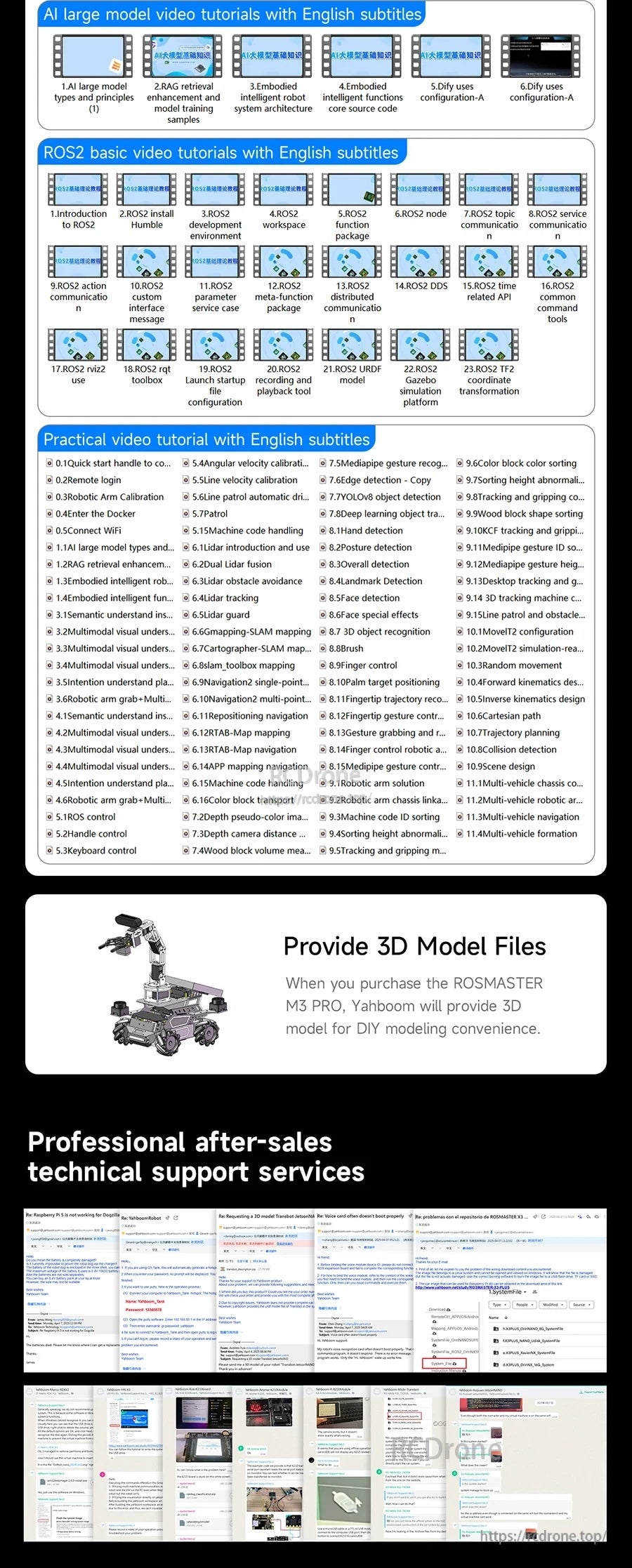 Yahboom ROSMASTER M3 Pro ROS2 robot support graphic listing ROS2 video tutorials, English subtitles, and 3D model files