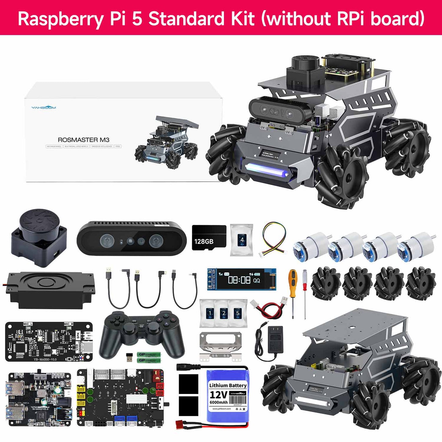 Yahboom ROSMASTER M3 ROS2 AI Large Model Robot, Yahboom ROSMASTER M3 Raspberry Pi 5 robot kit with omni-wheel chassis, camera module, contr.