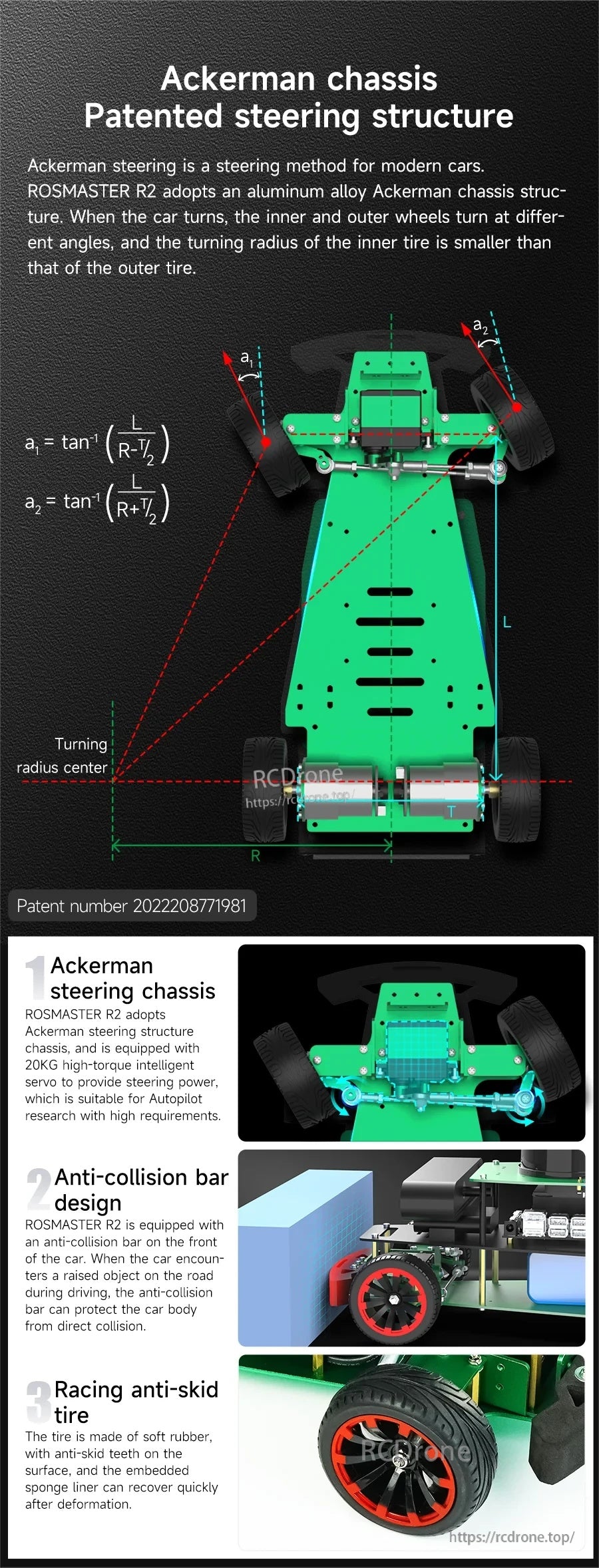 Ackermann chassis steering geometry graphic showing turning radius, patented structure, anti-collision bar, and tire details