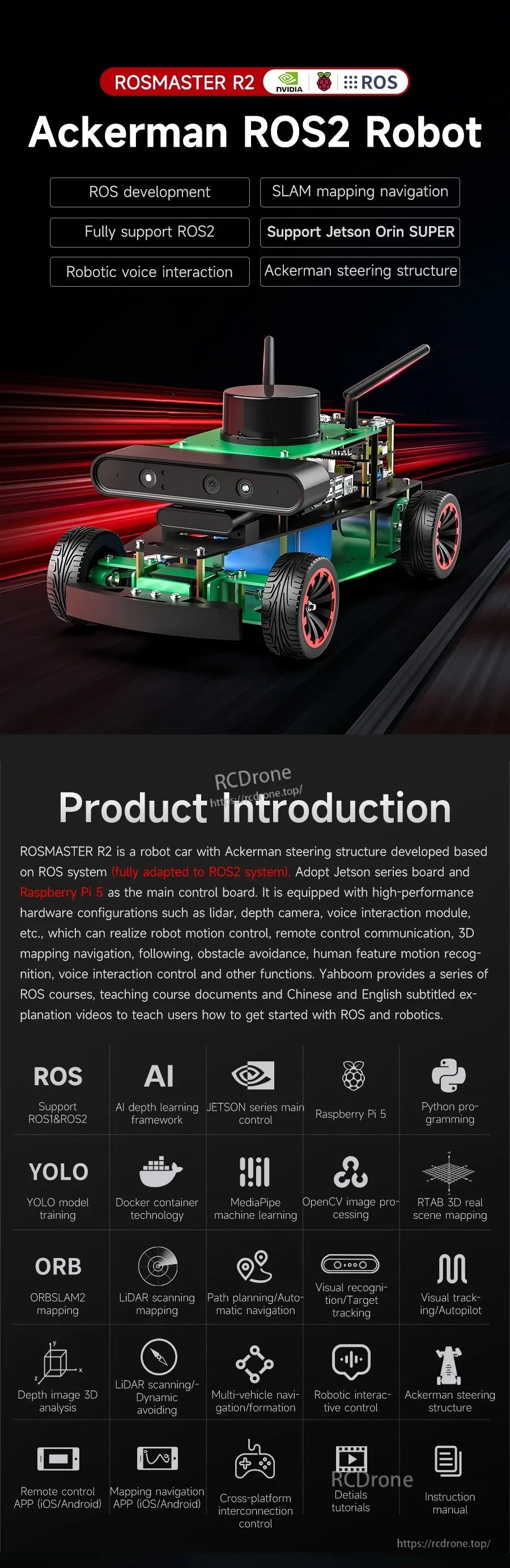 ROSMASTER R2 Ackermann ROS2 robot overview highlighting SLAM mapping, navigation, and AI voice interaction module