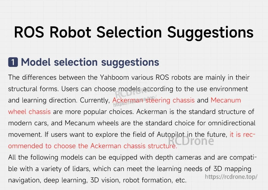 ROS robot selection suggestions highlighting Ackermann steering chassis versus mecanum wheel chassis for learning projects
