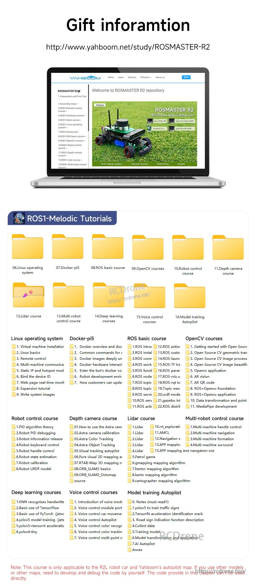 ROSMASTER R2 gift info page on a laptop, showing ROS1 Melodic tutorial folders and course links for the robot kit