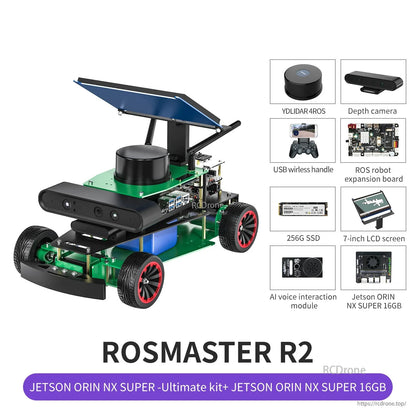 ROSMASTER R2 ROS2 Ackermann Robot, ROSMASTER R2 Ackermann ROS2 robot car with sensor tower and callouts for lidar, depth camera, SSD, and J.