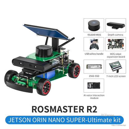 ROSMASTER R2 ROS2 Ackermann robot car kit with lidar turret, depth camera, and listed accessories including 256G SSD
