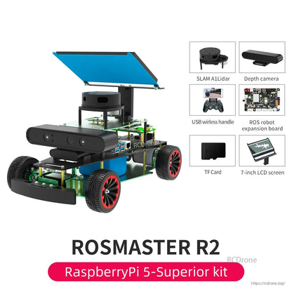 ROSMASTER R2 Raspberry Pi 5 Superior kit contents shown with SLAM lidar, depth camera, 7-inch LCD, TF card, handle
