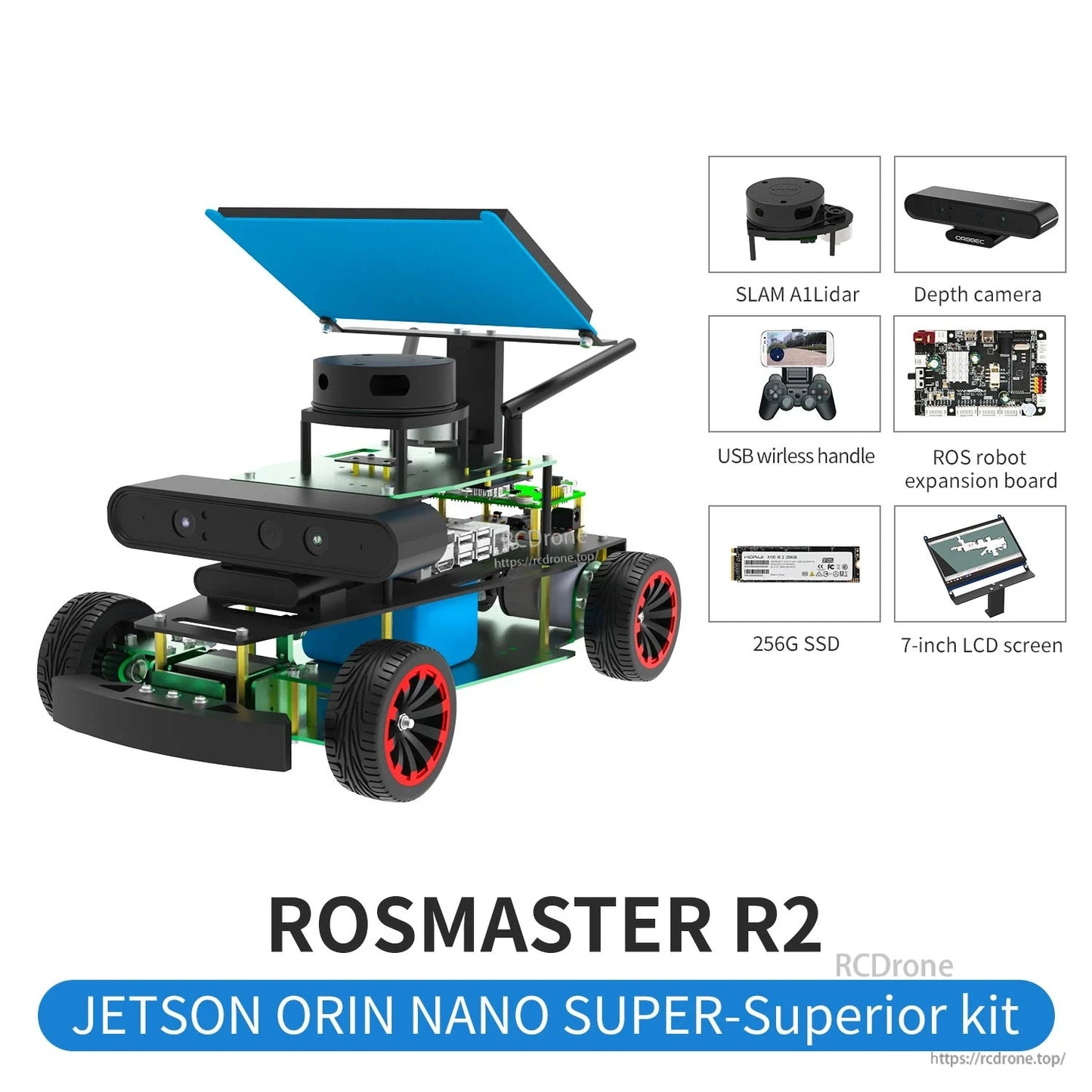 ROSMASTER R2 Jetson Orin Nano Super Superior kit contents layout with SLAM lidar, depth camera, 7-inch LCD, 256G SSD