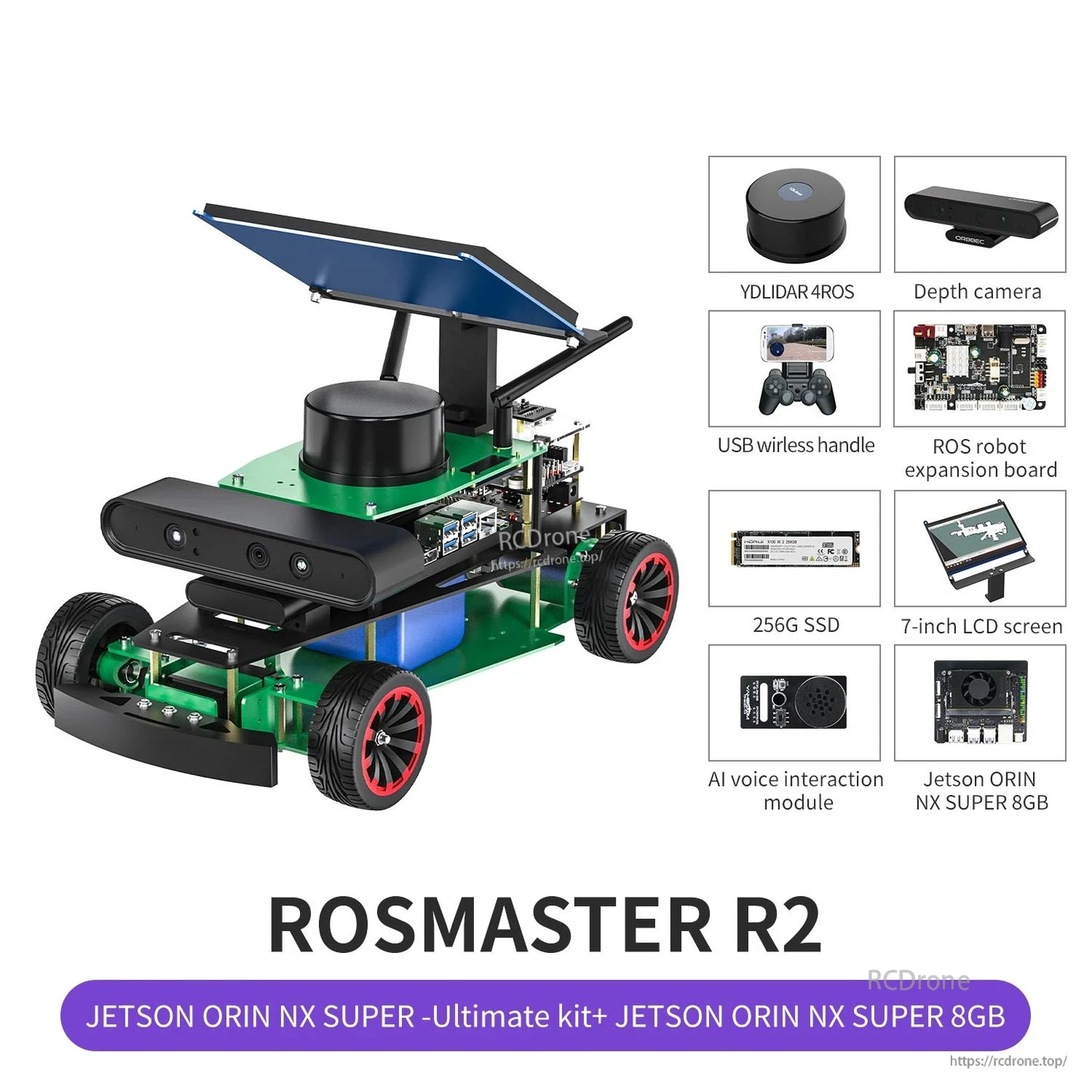 ROSMASTER R2 ROS2 Ackermann robot car with mounted lidar, depth camera, display, and Jetson Orin NX kit callouts
