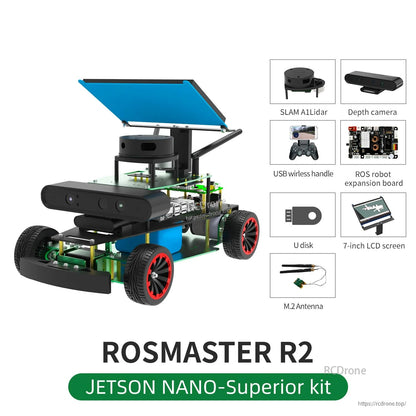 ROSMASTER R2 Jetson Nano Superior kit contents with SLAM lidar, depth camera, expansion board, U disk, 7-inch LCD