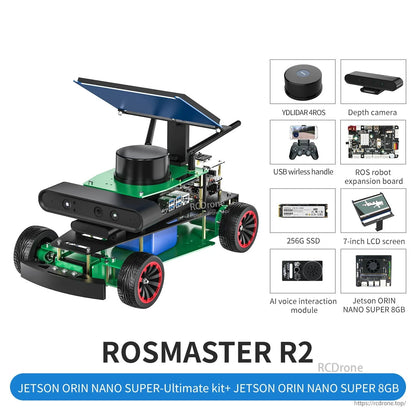ROSMASTER R2 ROS2 Ackermann robot car with Jetson Orin Nano, LiDAR, depth camera, and 7-inch LCD screen