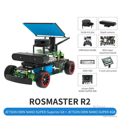 ROSMASTER R2 Jetson Orin Nano Super Superior kit with 256G SSD, 7-inch LCD, SLAM lidar, depth camera, handle
