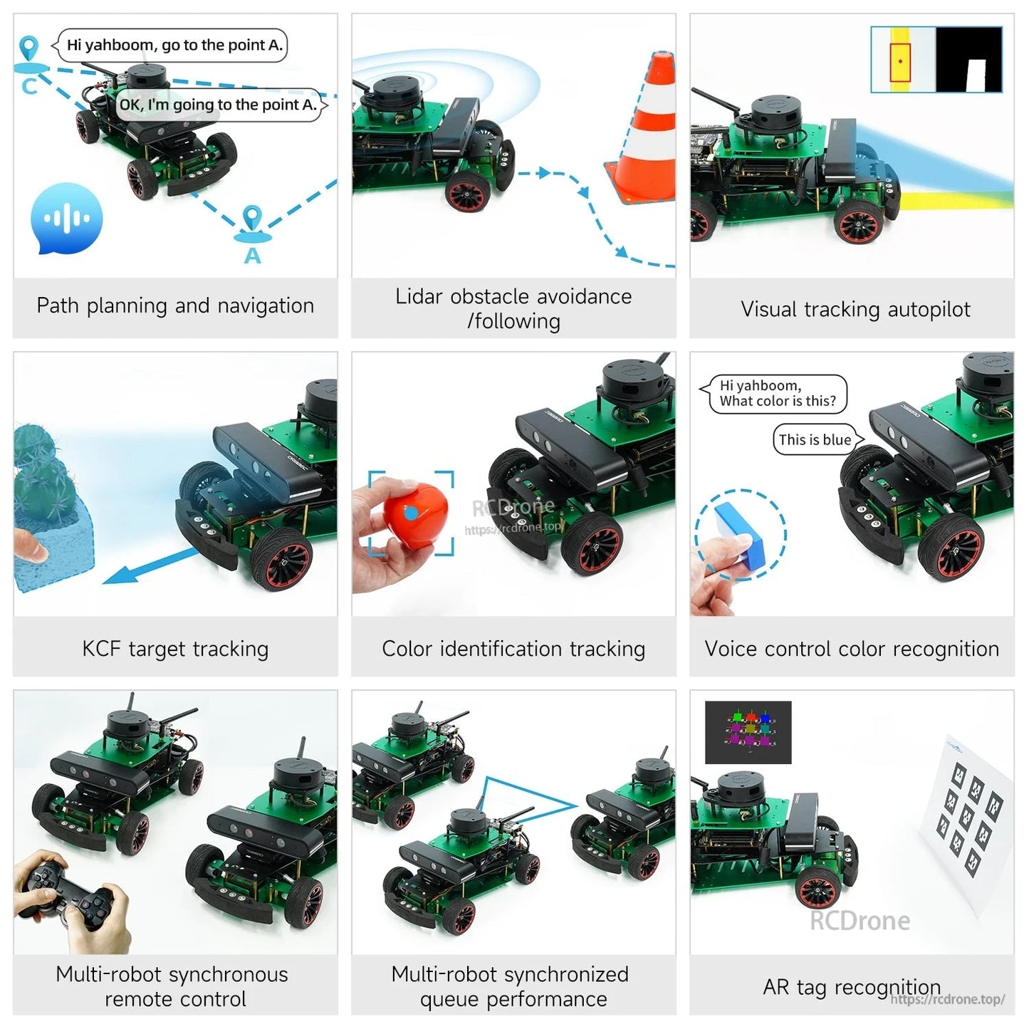 ROSMASTER R2 feature collage: navigation, obstacle avoidance, visual tracking, color recognition, multi-robot, AR tag