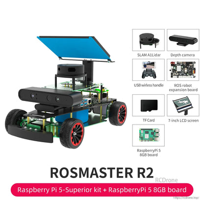 ROSMASTER R2 Raspberry Pi 5 Superior kit plus Raspberry Pi 5 8GB board, with SLAM lidar, depth camera, 7-inch LCD