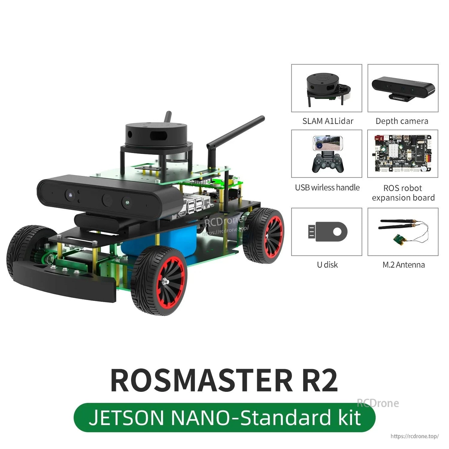 ROSMASTER R2 Jetson Nano Standard kit contents with SLAM lidar, depth camera, expansion board, U disk, M.2 antenna