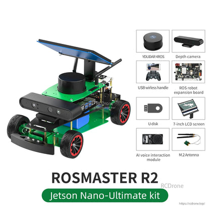 ROSMASTER R2 ROS2 Ackermann Robot, ROSMASTER R2 Jetson Nano robot car kit with lidar and depth camera, plus 7-inch LCD and controller acces.