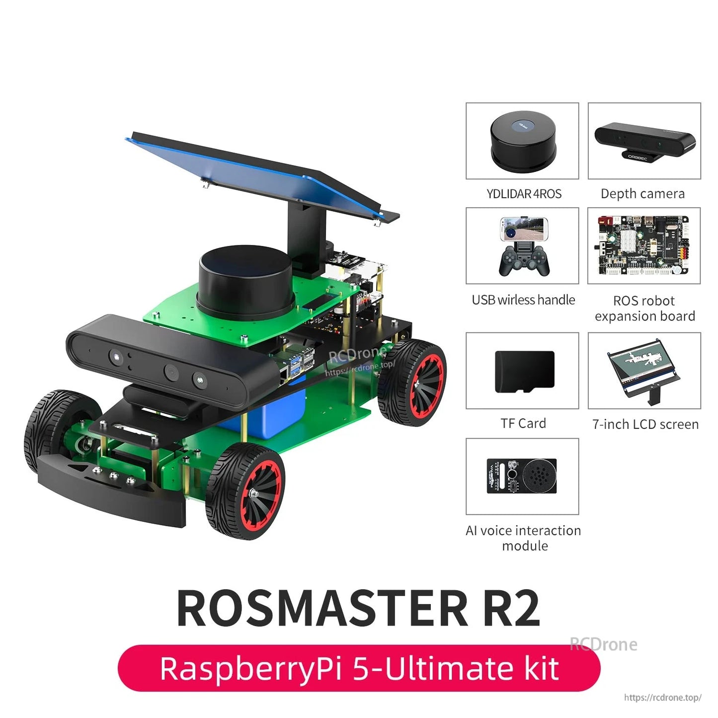 ROSMASTER R2 ROS2 Ackermann Robot, ROSMASTER R2 Ackermann robot kit with YDLIDAR 4ROS, depth camera, 7-inch LCD, and accessories