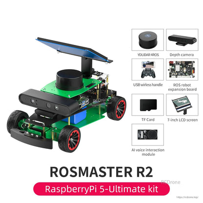 ROSMASTER R2 ROS2 Ackermann Robot, ROSMASTER R2 Ackermann robot kit with YDLIDAR 4ROS, depth camera, 7-inch LCD, and accessories