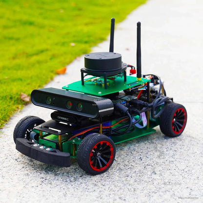 ROSMASTER R2 ROS2 Ackermann Robot outdoor driving photo, front view with depth camera, lidar, and dual antennas