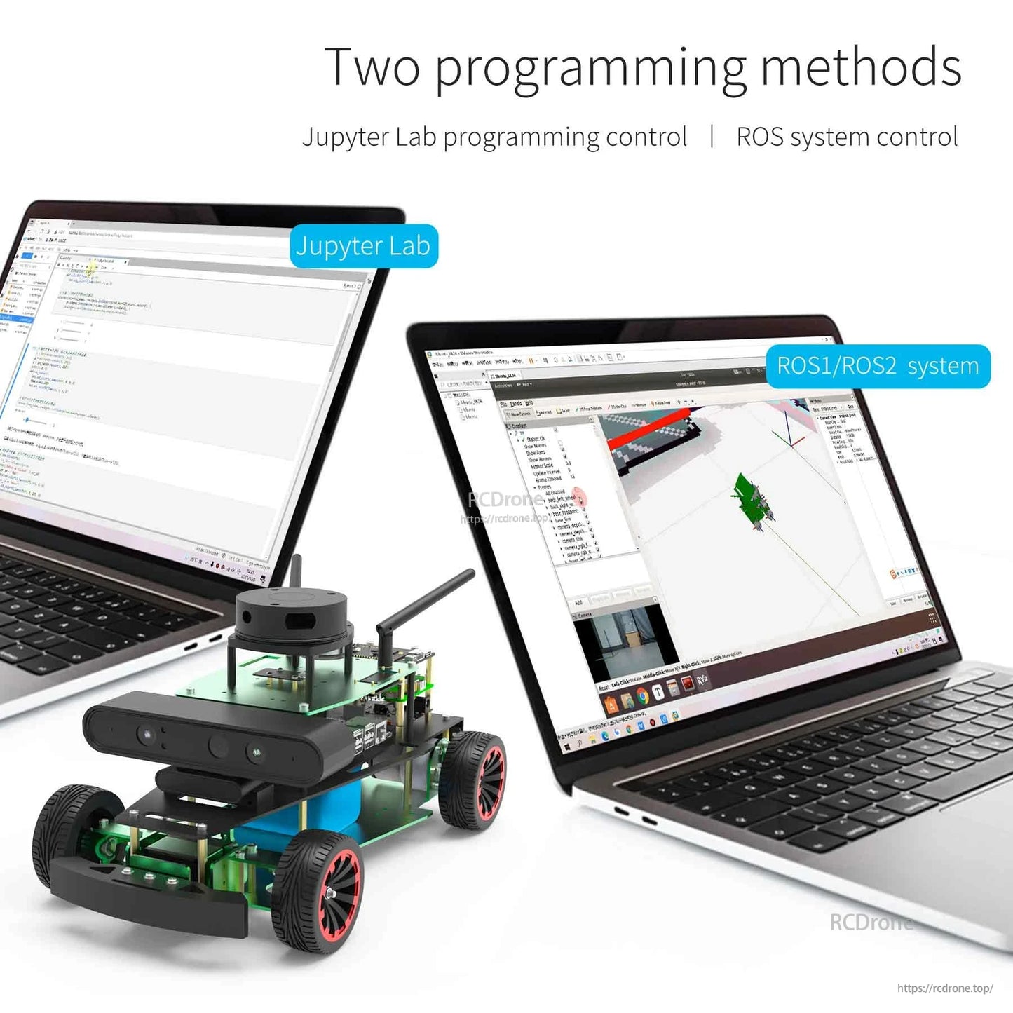 Two programming methods graphic: Jupyter Lab control and ROS1/ROS2 system control shown on laptops with robot car
