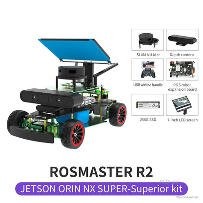 ROSMASTER R2 Jetson Orin NX Super Superior kit contents layout with SLAM lidar, depth camera, 7-inch LCD, 256G SSD