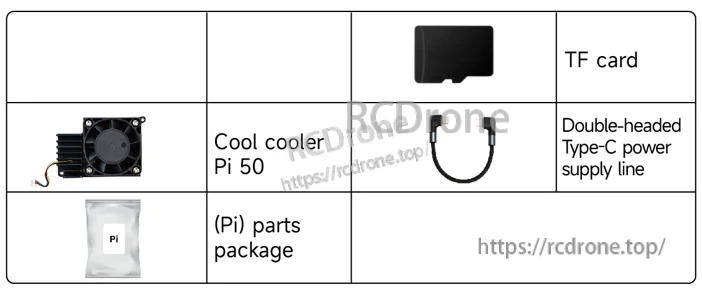 ROSMASTER robot accessories kit list for Raspberry Pi 5: Pi 50 cooler, TF card, Type‑C cable, parts package