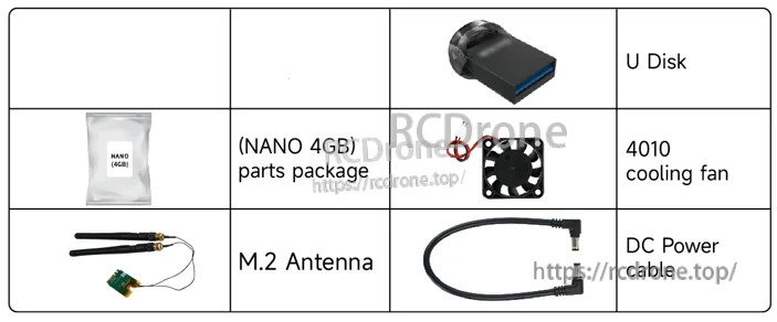 Jetson Nano 4GB ROSMASTER accessories list with U disk, 4010 cooling fan, M.2 antenna, DC power cable, parts package