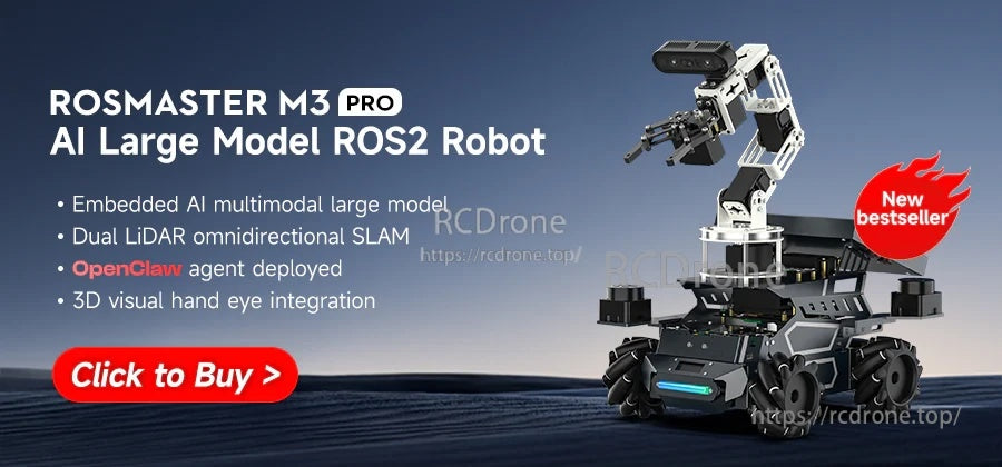 Promotional banner for ROSMASTER M3 PRO ROS2 robot with robotic arm on mecanum base